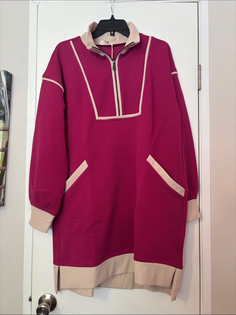Bright Magenta Half-Zip Tunic with Cream Accents